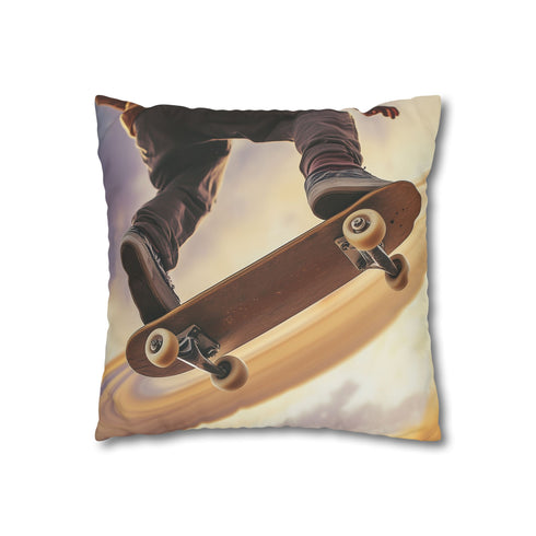 Skateboarder Riding on Rings of Saturn — 40×40 Cushion Cover — Double-Sided Back & Concealed Zip Detail