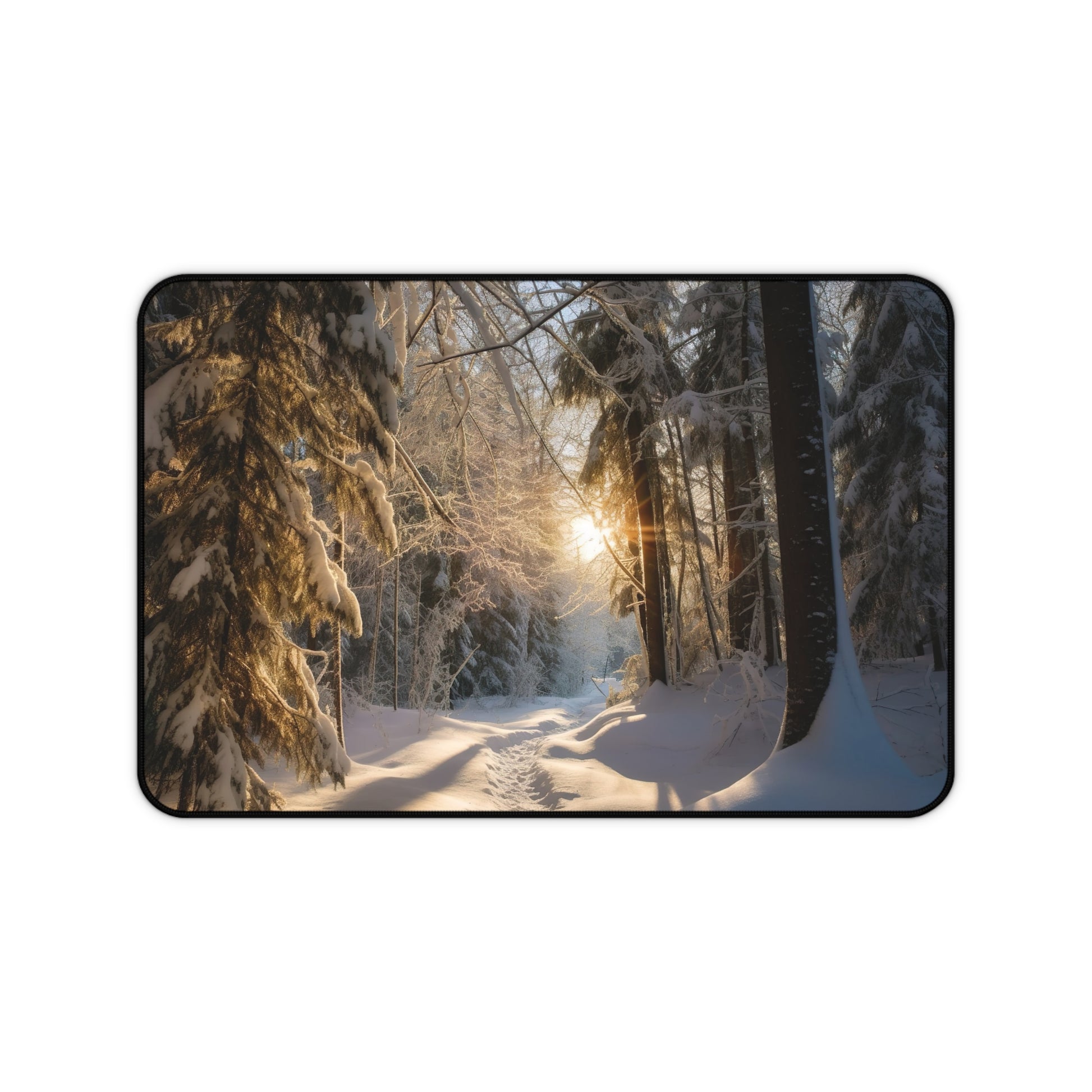 "Serene Winter Forest Desk Mat - Transform your workspace with peaceful snowy scene, enhance productivity in style"