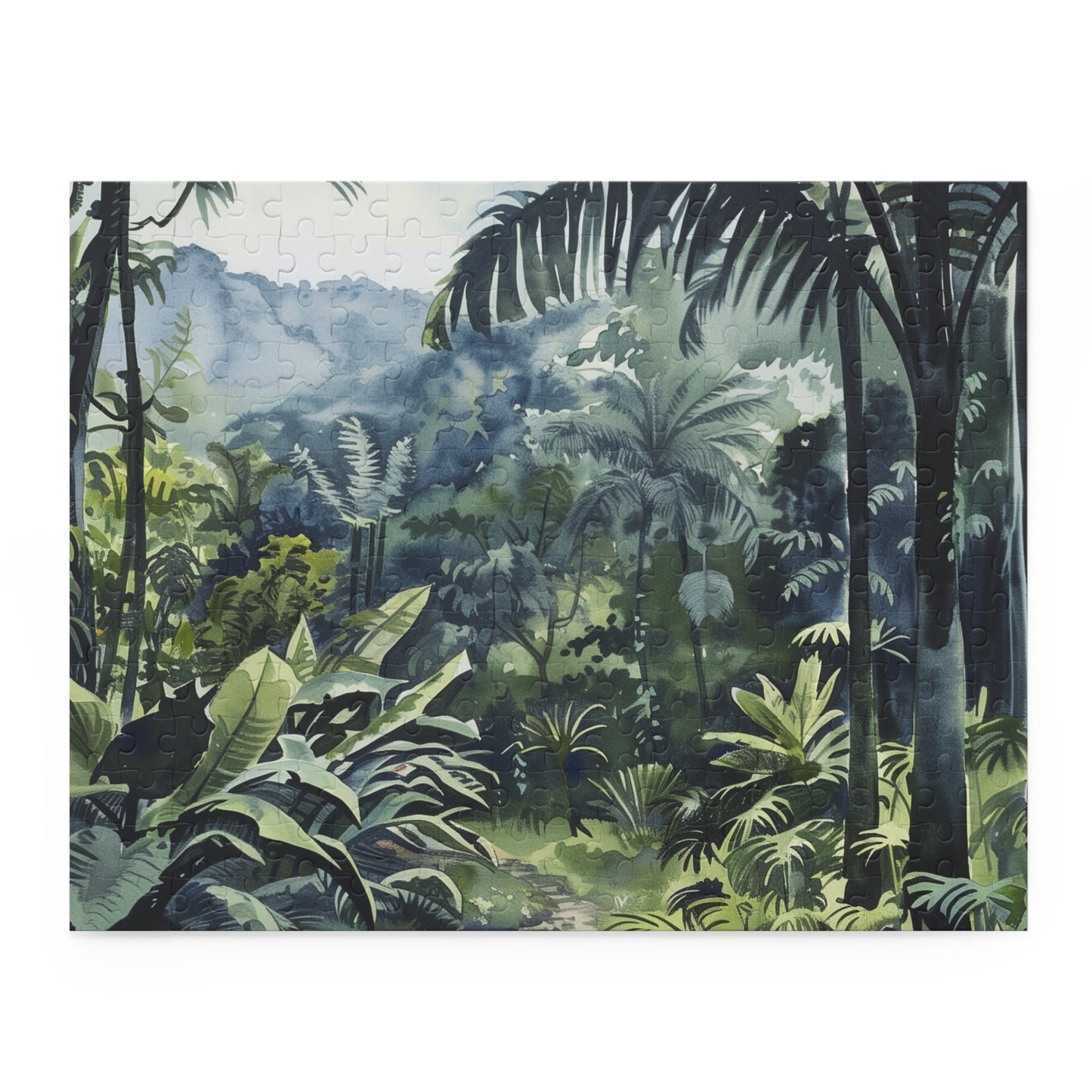 "Beautiful Congo Rainforest Watercolor Jigsaw Puzzle - vibrant greenery and exotic wildlife in intricate detail"