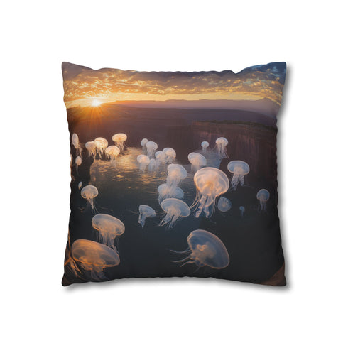 Sunset Canyon with Floating Bioluminescent Jellyfish — 40×40 Cushion Cover — Double-Sided Back & Concealed Zip Detail