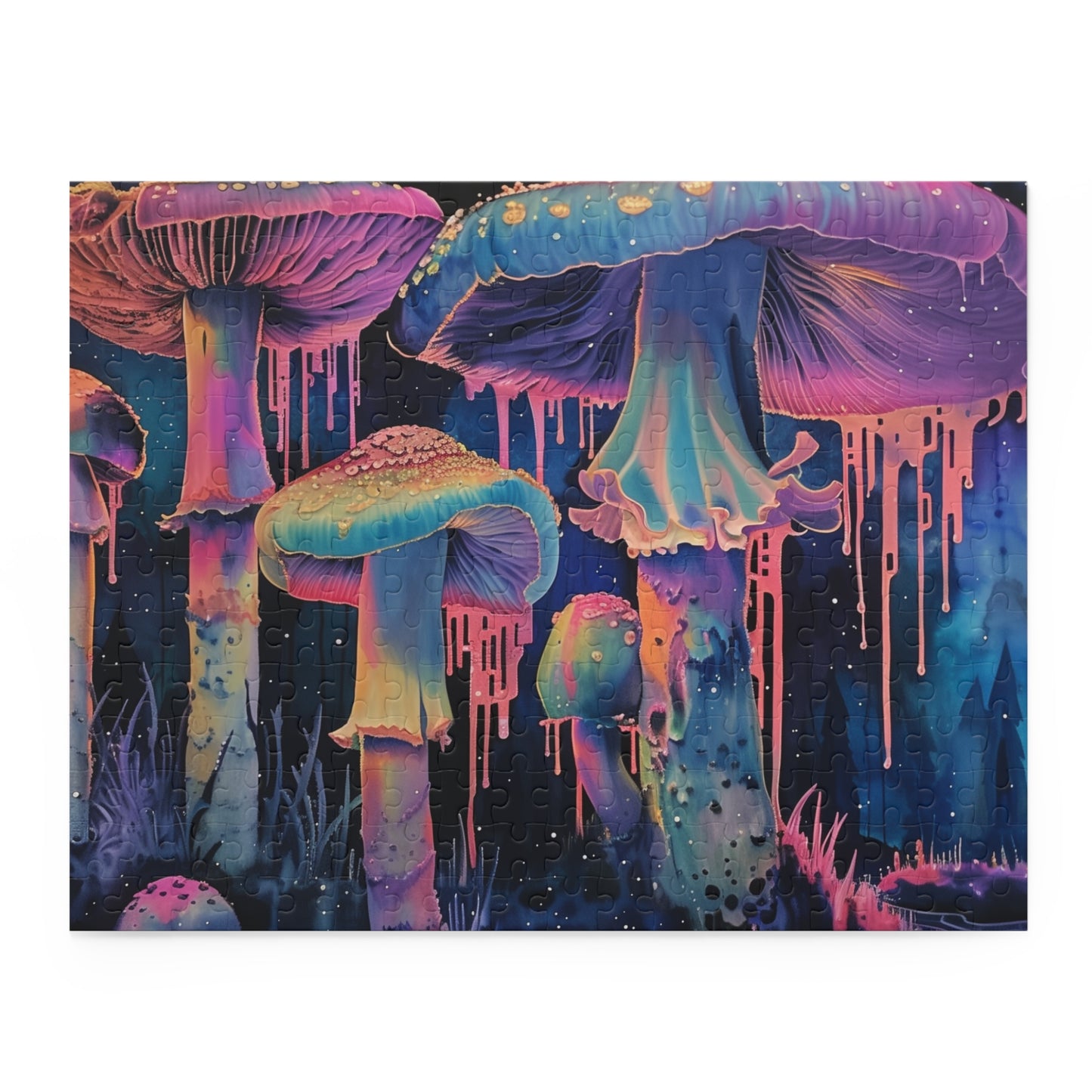 "Trippy Fungi Jigsaw Puzzle with psychedelic mushroom designs, vibrant colors, and intricate patterns for a mesmerizing challenge"