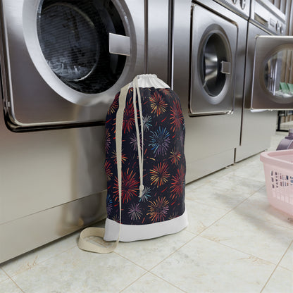 "Colorful fireworks festive laundry bag for stylish and organized laundry routine"