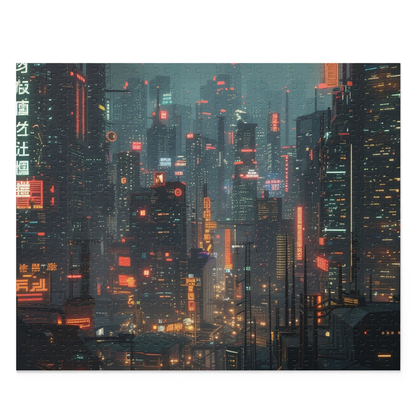 Neon Cyberpunk City Jigsaw Puzzle - Futuristic skyscrapers and dazzling lights, perfect for sci-fi lovers and puzzle enthusiasts.