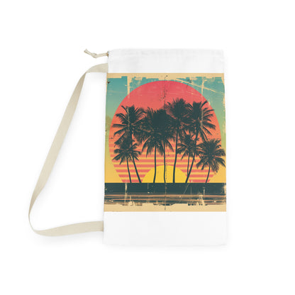 "Retro Sunset Palm Tree Laundry Bag - Keep laundry organized in style with vibrant tropical design"