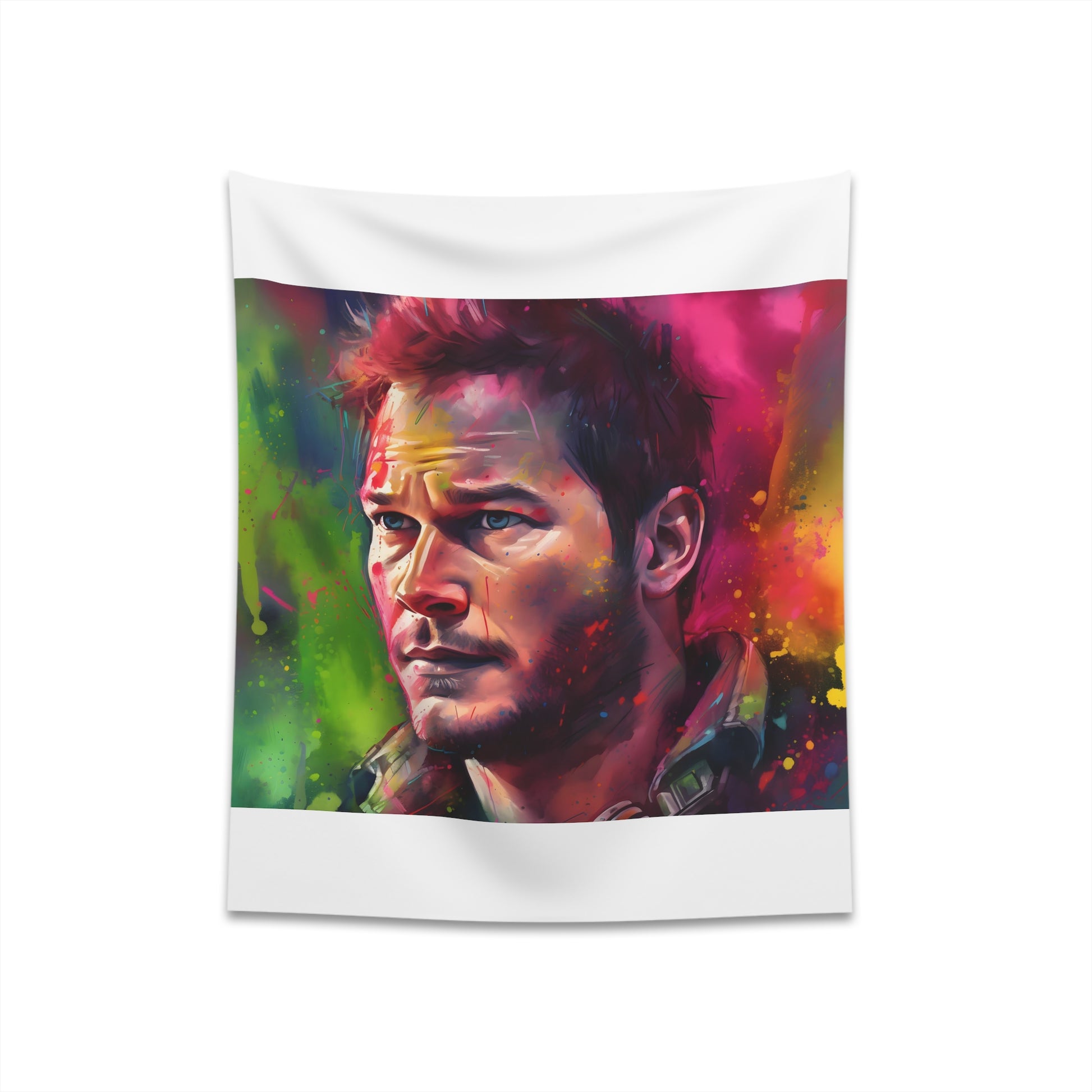 "Pratt in Neon Watercolor Tapestry: Vibrant hero portrait, Chris Pratt charm in neon hues. Perfect gift, high-quality material. Available in 34" x 40" and 57" x 57" sizes. Shop now!"