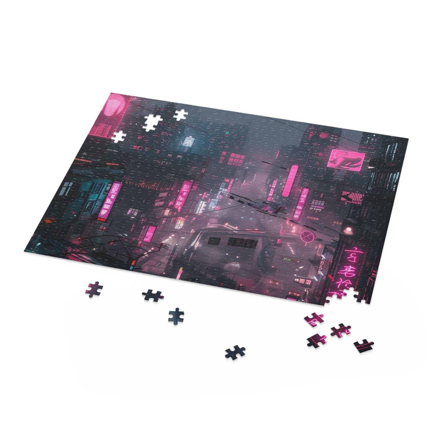 "Neon Cityscape Cyberpunk Jigsaw Puzzle - Vibrant and detailed design for sci-fi lovers and puzzle enthusiasts"