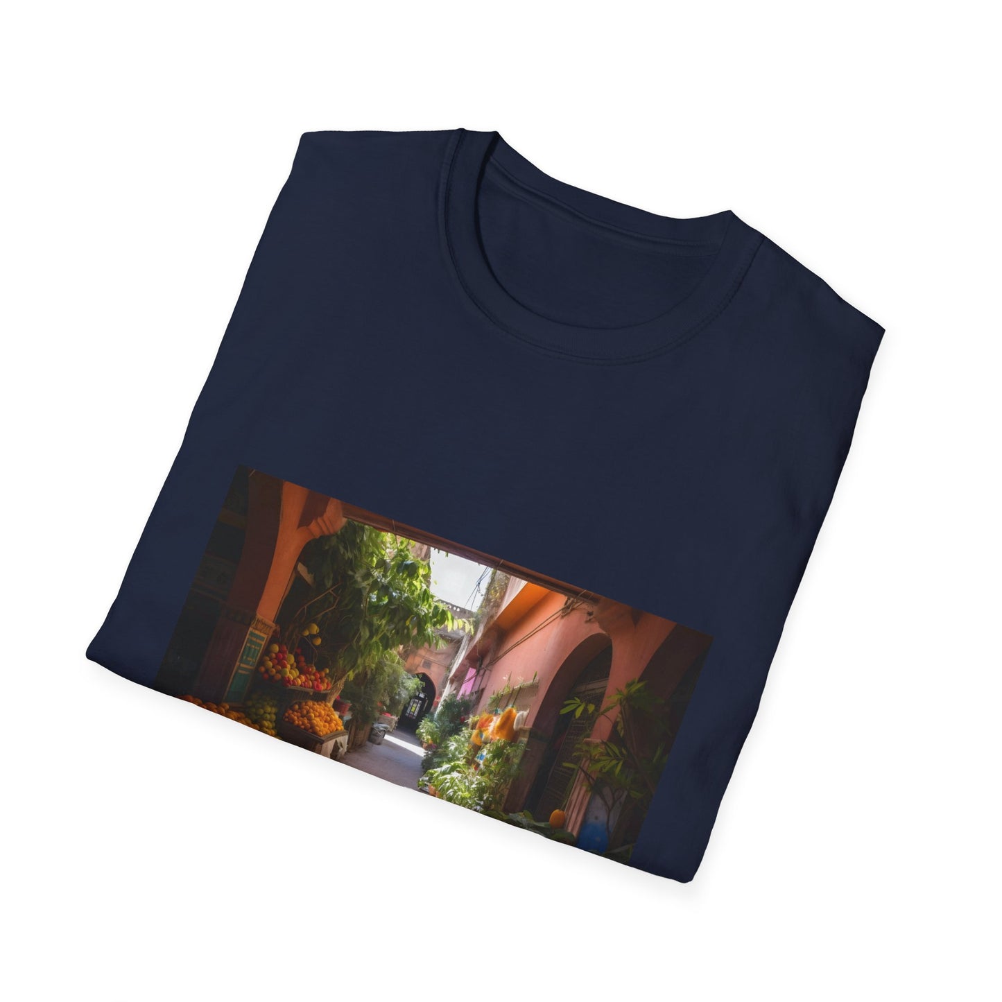 Image: An artistic T-shirt featuring a tapestry of vibrant colors inspired by the heart of Marrakech, capturing the essence of bustling markets, lush gardens, and Moroccan sun. Feel the warmth and cultural diversity with every wear.