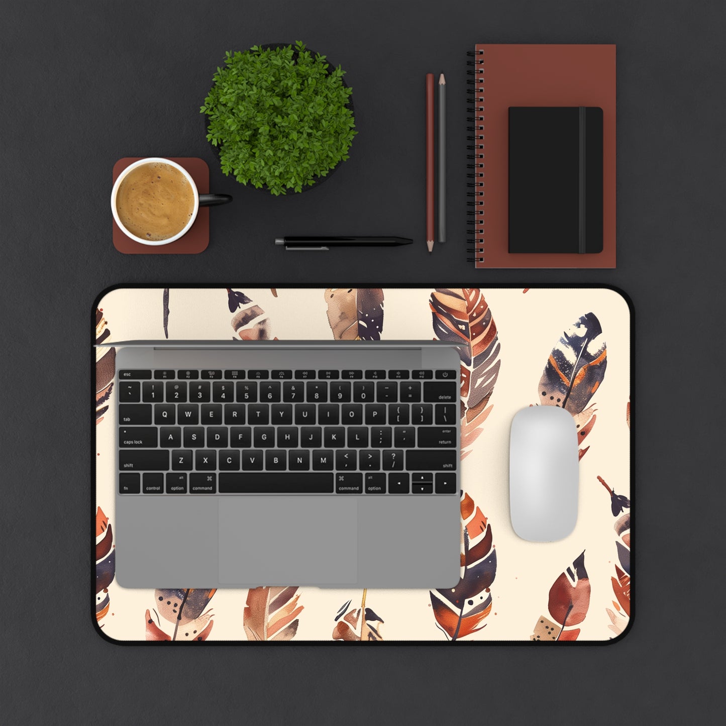 Boho Feathers Desk Mat - Stylish seamless pattern to protect and elevate your workspace from scratches and spills