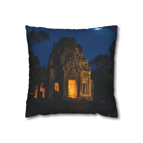 Jungle Temple Illuminated by Moonlight (Edition II) — 40×40 Cushion Cover — Front 40×40 cm Square Cushion View