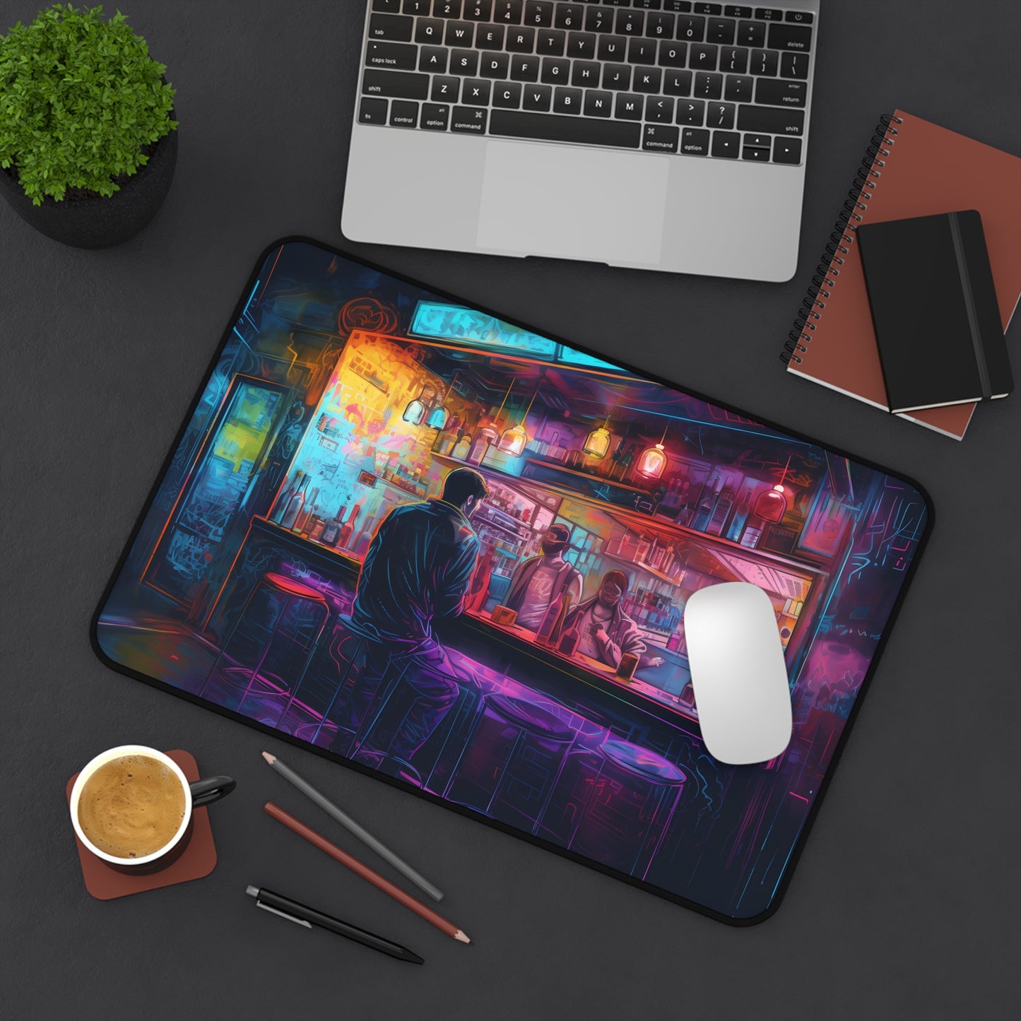 "Colorful neon watercolor desk mat for vibrant workspace protection"