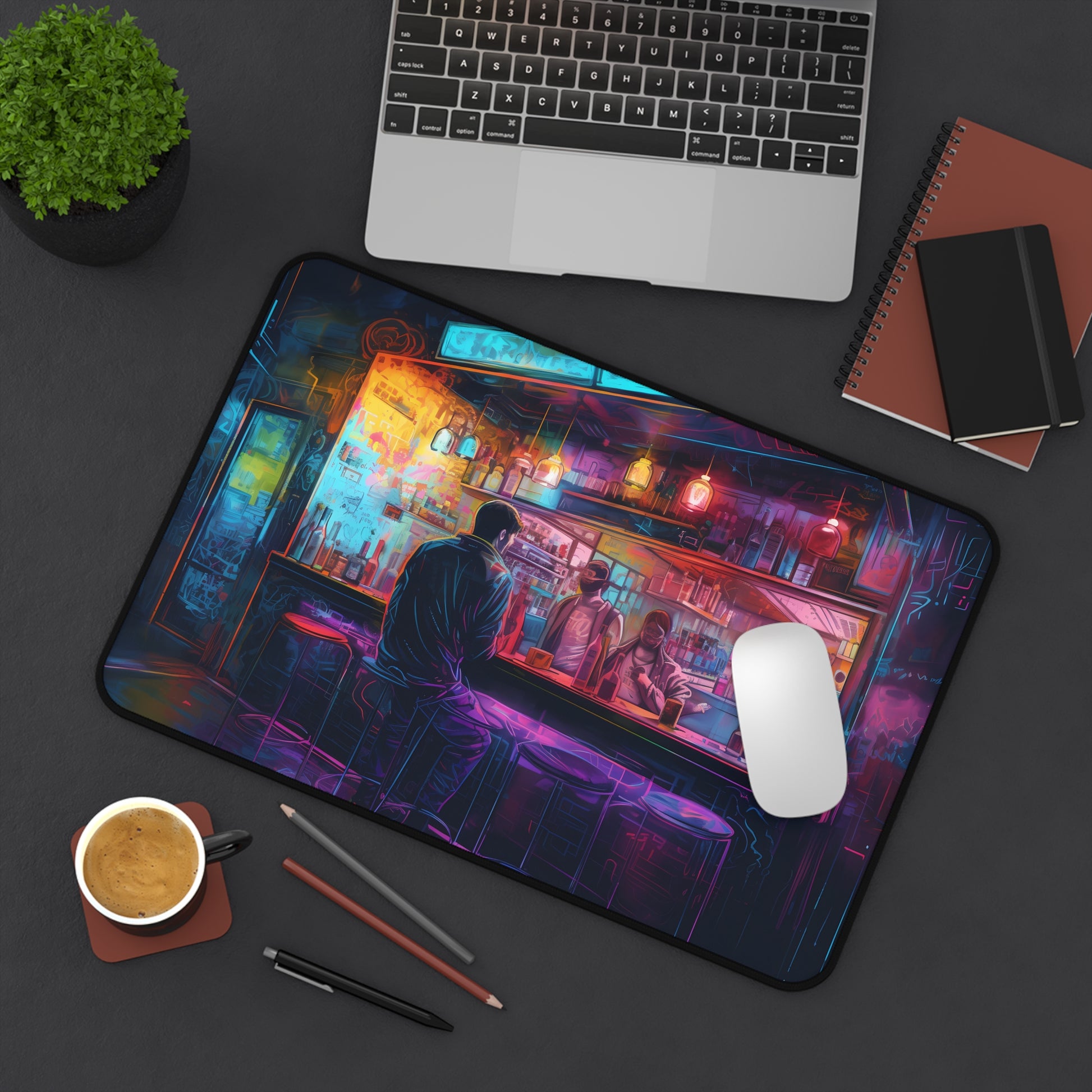 "Colorful neon watercolor desk mat for vibrant workspace protection"