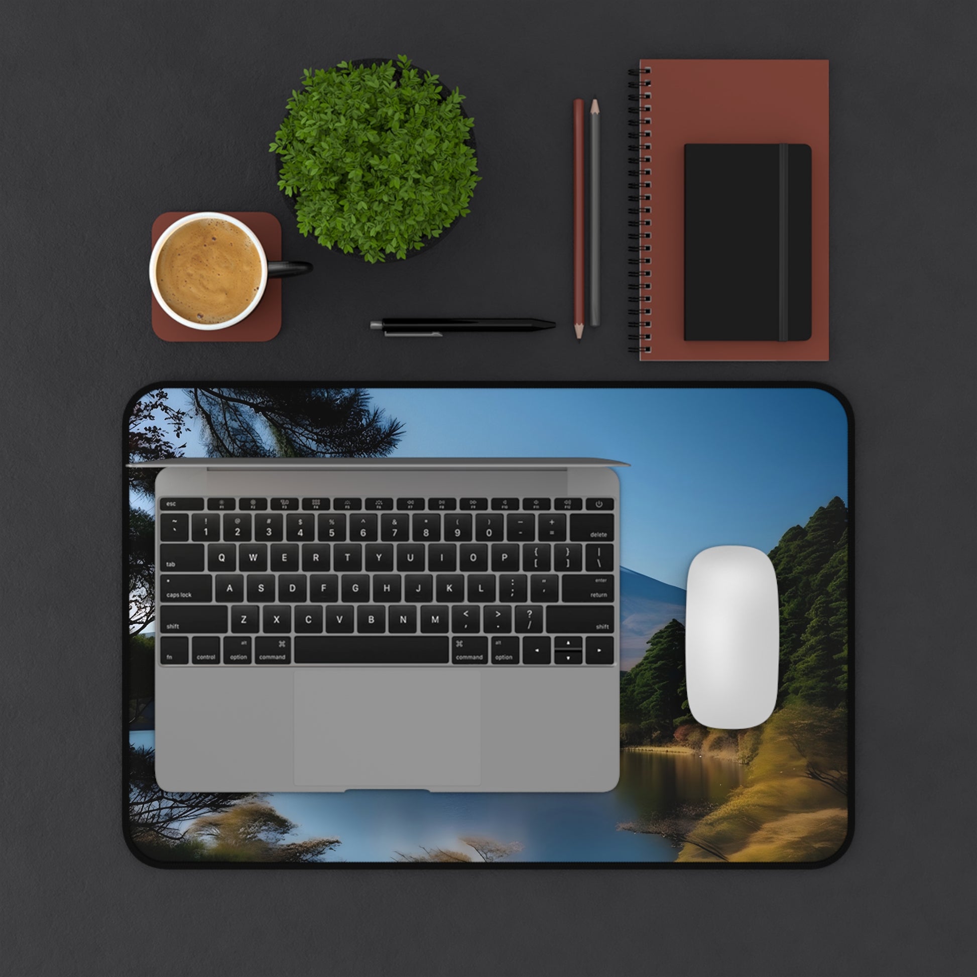 "Fuji Peak Desk Mat - Tranquil mountain illustration for stylish workspace inspiration"