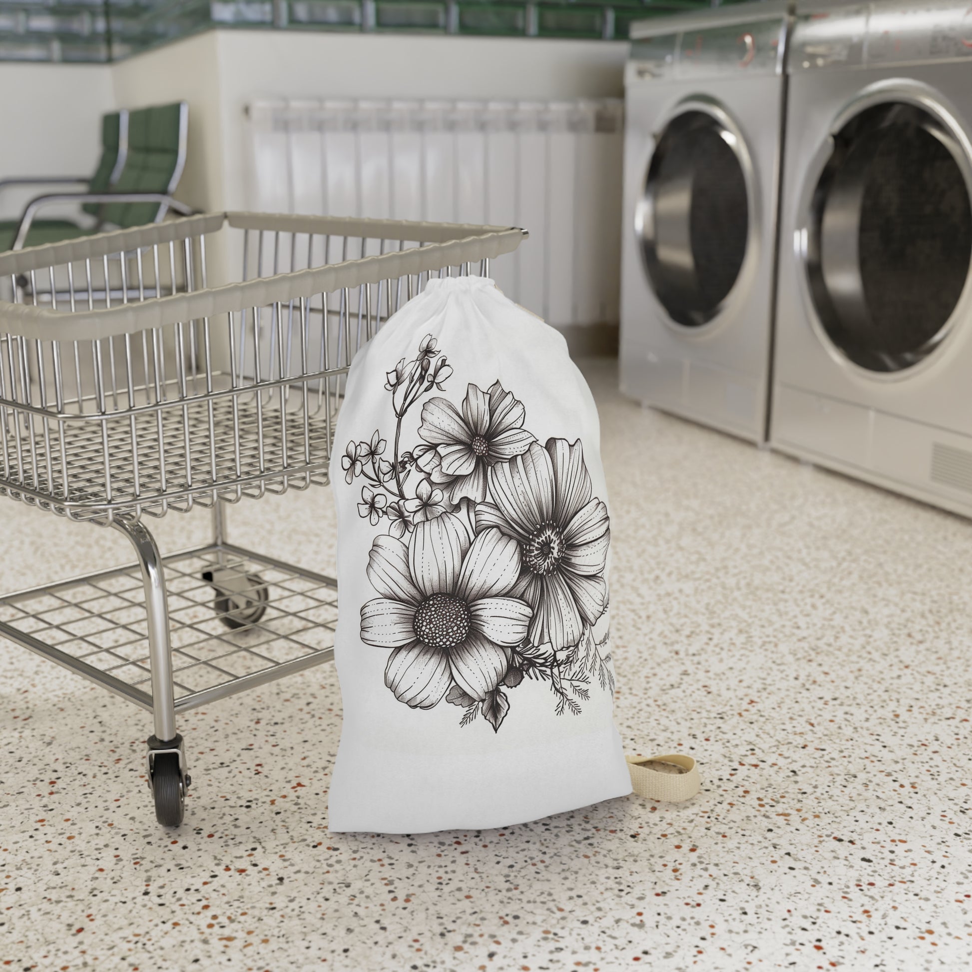 "Floral Laundry Bag Bouquet - Durable and charming laundry bag with hand-drawn flowers for stylish laundry organization"