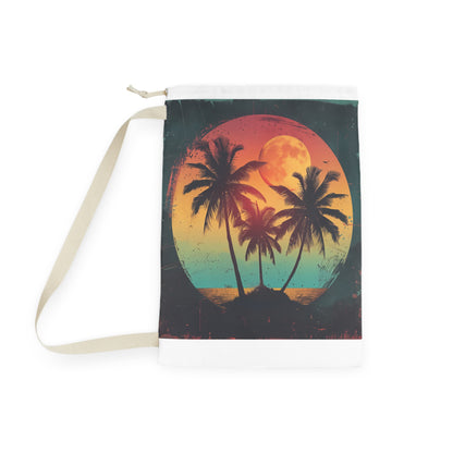 "Sunset Palm Tree Laundry Bag - Retro tropical paradise design for stylish laundry organization"