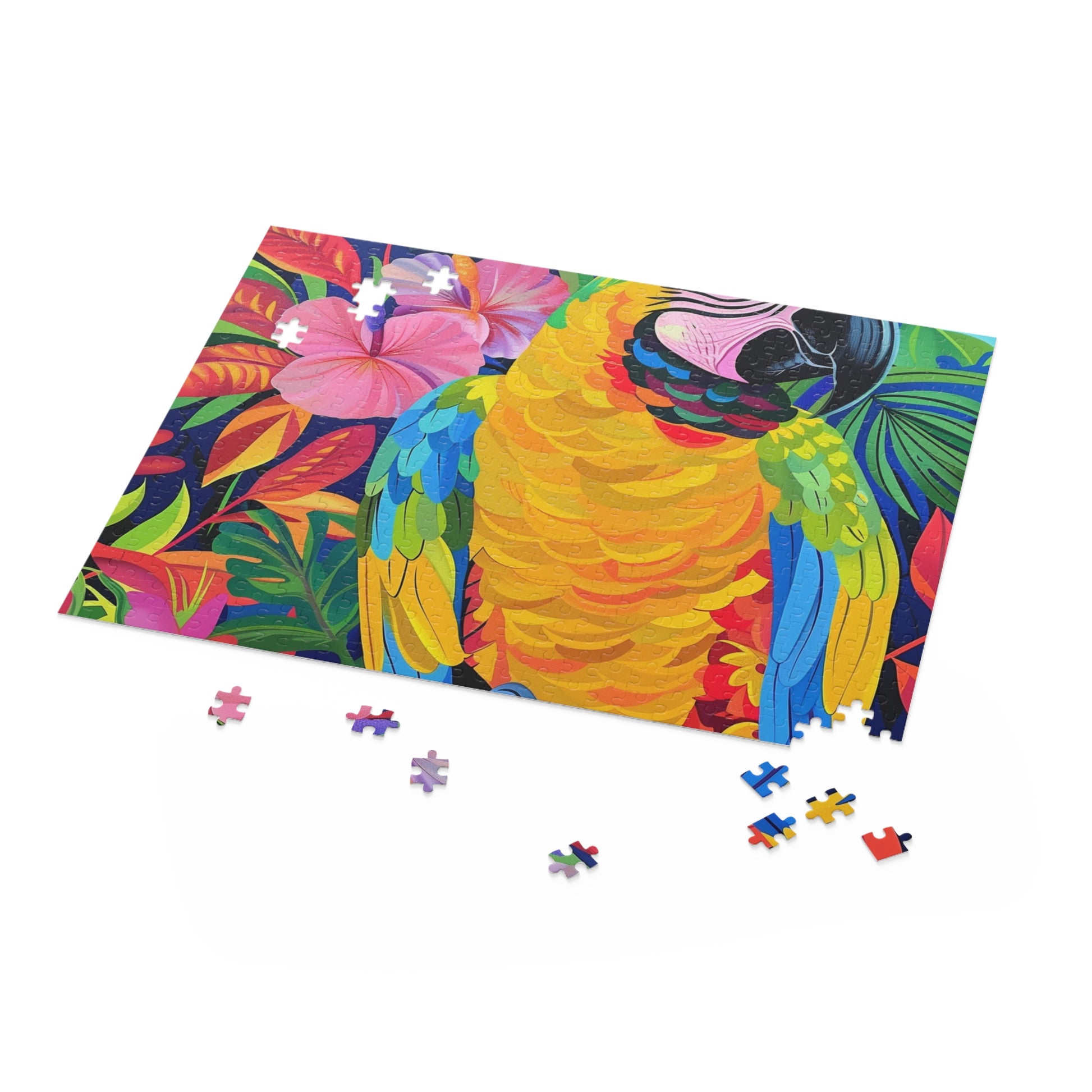 Colorful tropical parrot jigsaw puzzle - fun, vibrant, lush tropical setting, perfect for bird lovers & puzzle enthusiasts