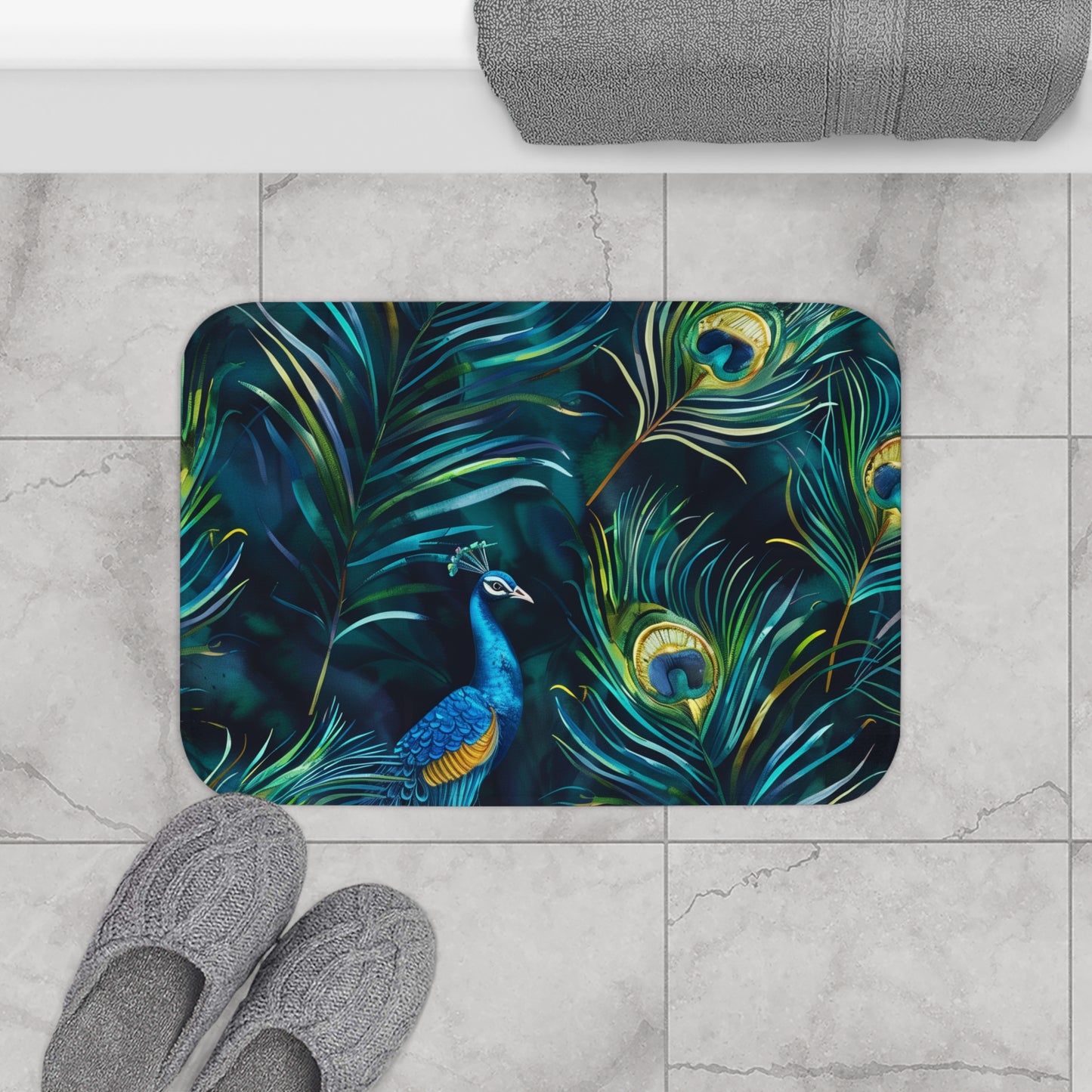 Vibrant Blue Peacock Feather Bathmat