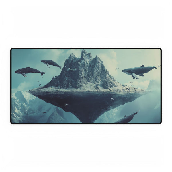 Floating Mountain Surrounded by Whales — XL & XXL Desk Mat — Full Top-Down Artwork View