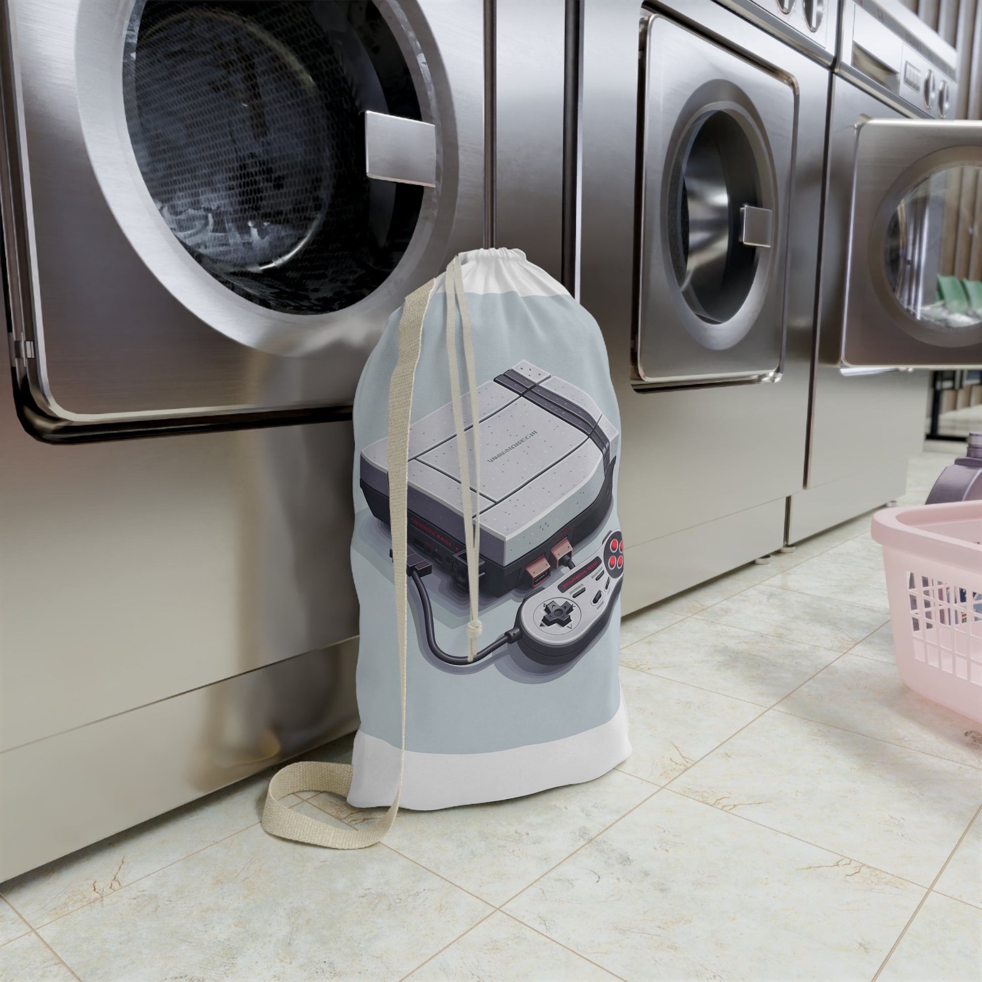 "Pixel Gaming Laundry Bag with Retro Gaming Console Designs - Perfect for Gamers and Nostalgia Lovers"