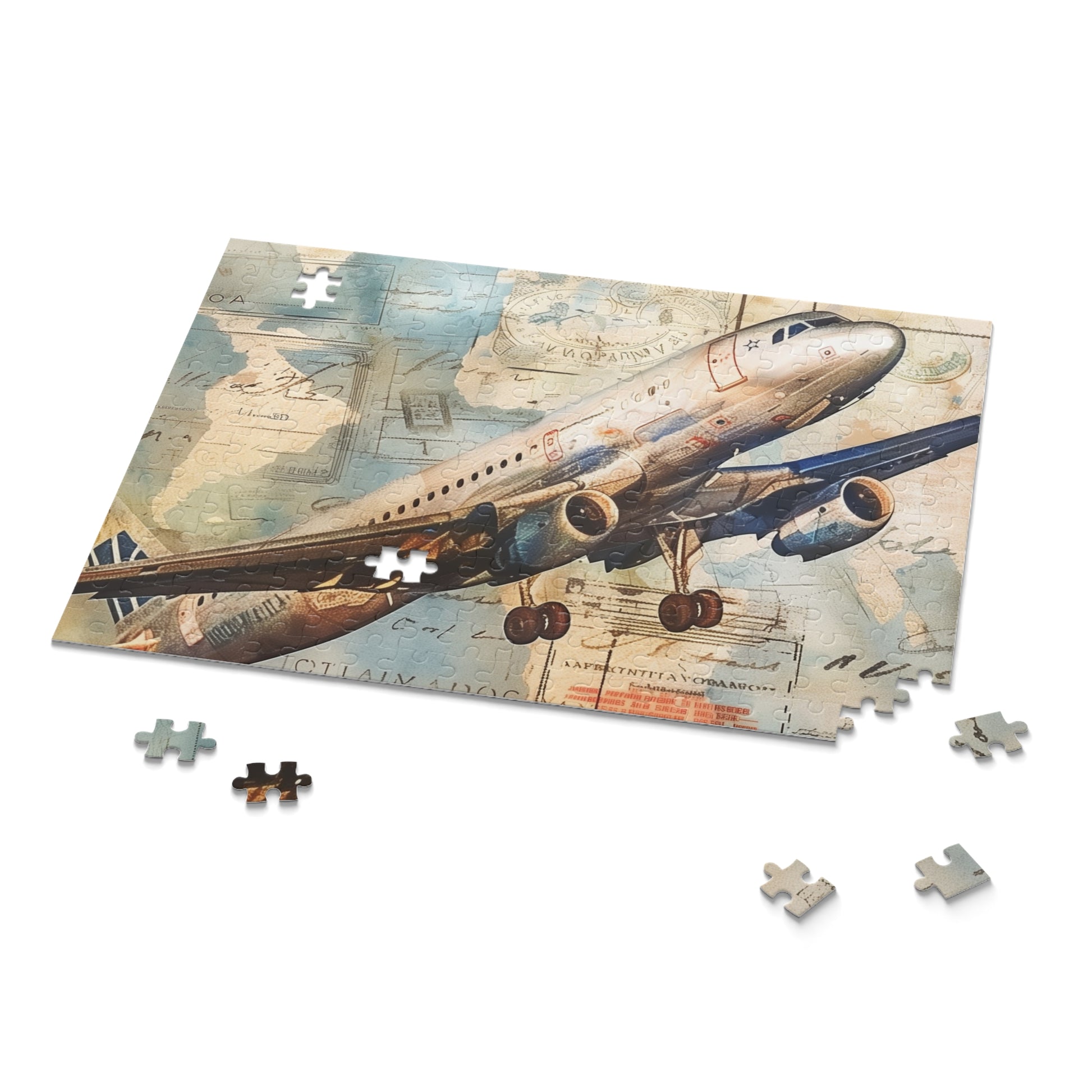 Vintage Airplane Travel Puzzle with intricate travel stamps from around the world, perfect for aviation enthusiasts and puzzle lovers.