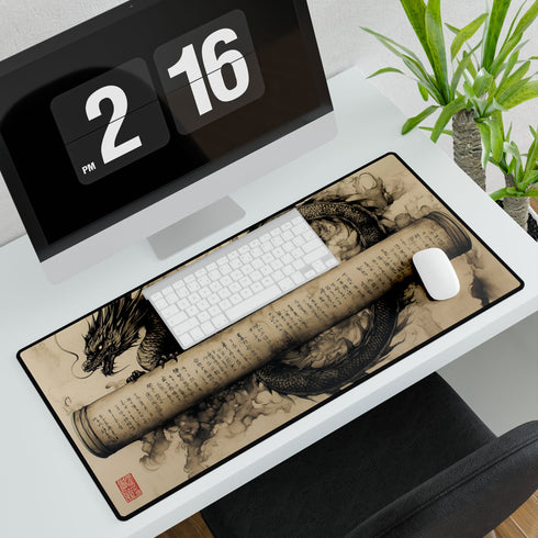 Ink Dragon Wrapping Ancient Scroll — XL & XXL Desk Mat — 3mm Non-Slip Natural Rubber Base Detail