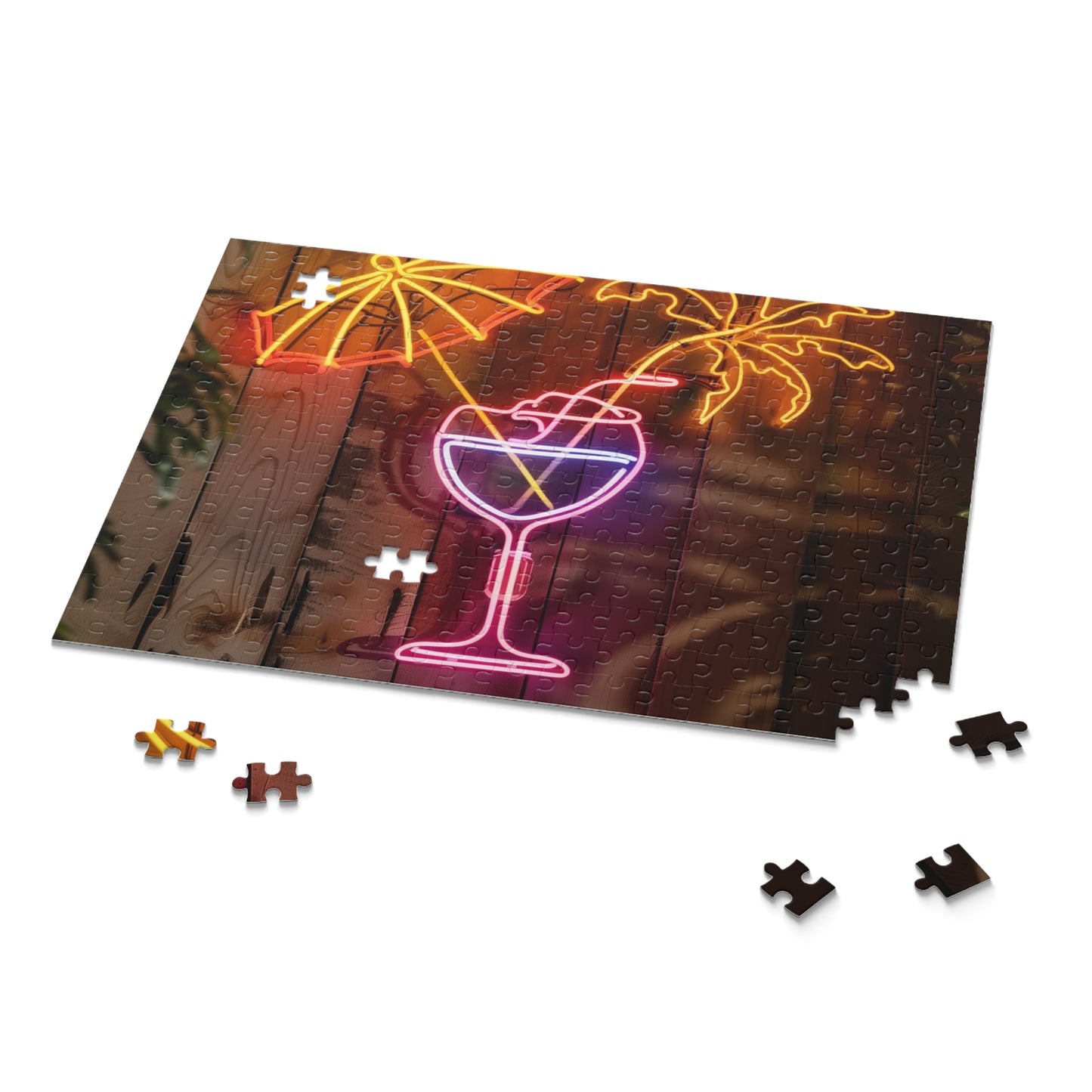 Neon Cocktail Paradise Puzzle - Colorful tropical cocktail sign jigsaw puzzle for a relaxing challenge in vibrant neon lights.