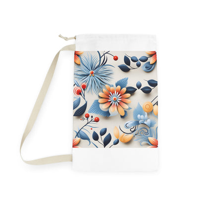 "Vibrant floral pattern laundry bag for stylish transport. Durable and fashionable design."