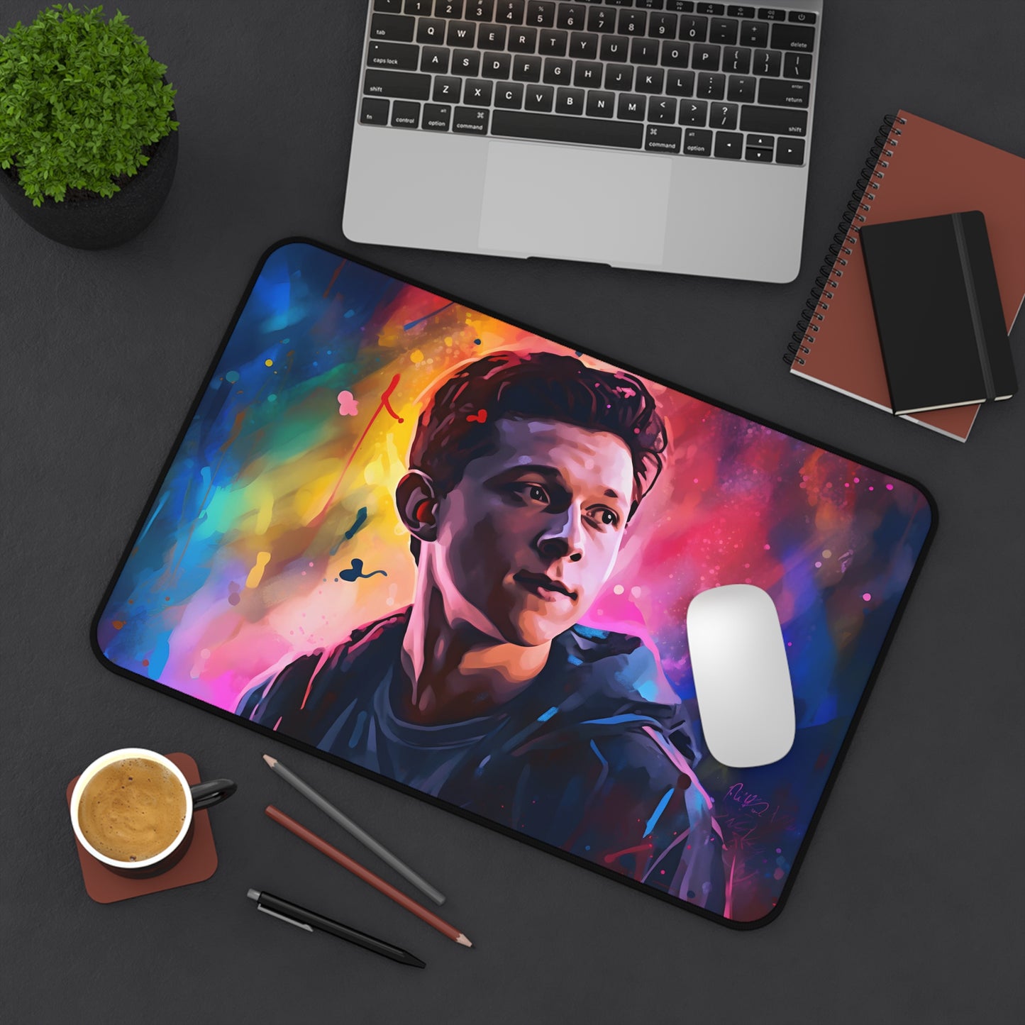 "Tom Holland Neon Desk Mat - Add vibrant pop of color to workspace with watercolor design, durable material protects desk surface"