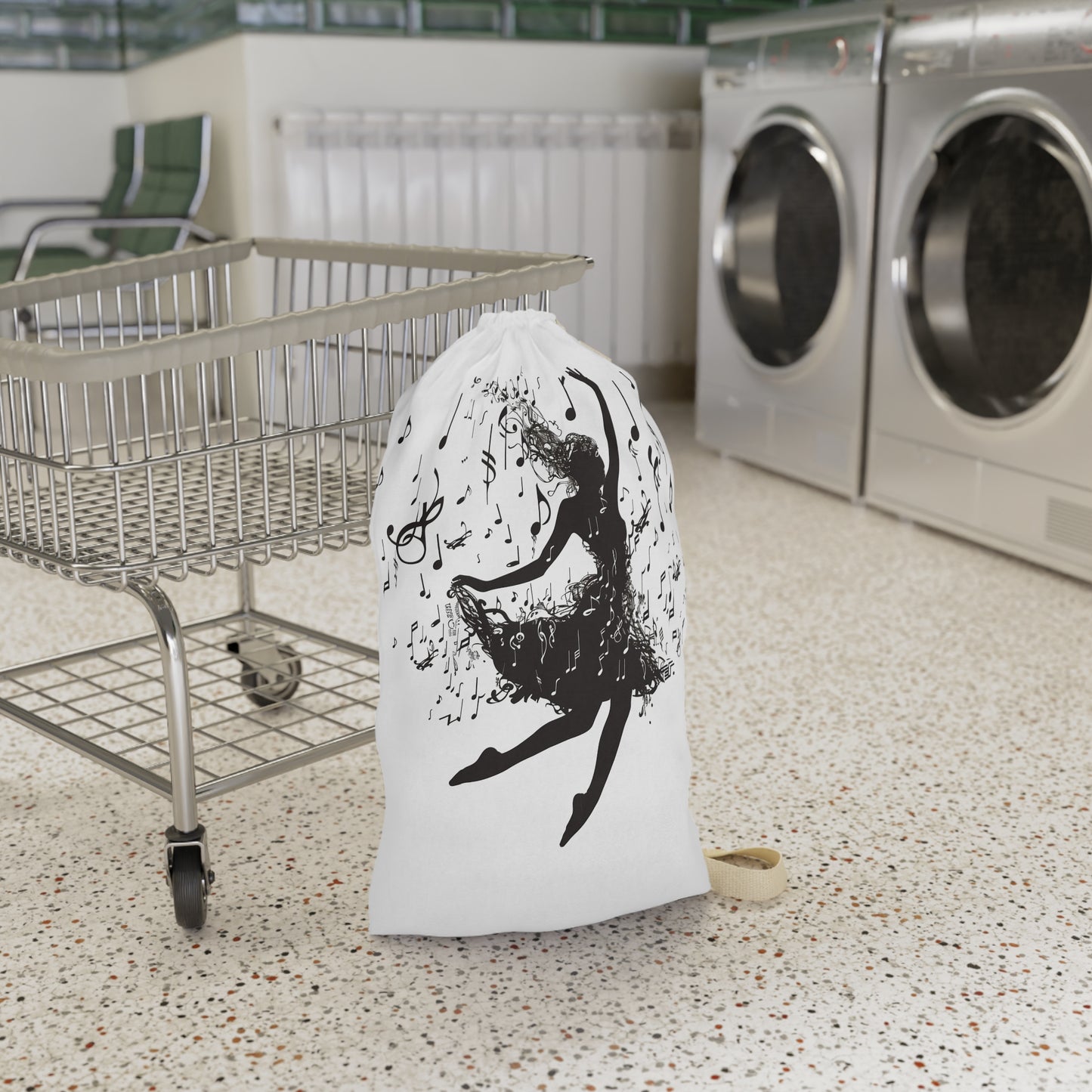 "Artistic dancer silhouette laundry bag with musical notes, elevate your laundry routine"