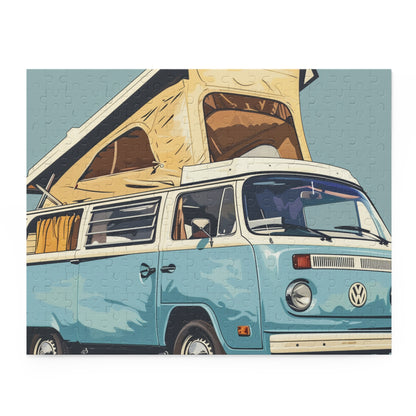 "Vintage Light Blue Camper Van Jigsaw Puzzle for a Nostalgic Adventure"