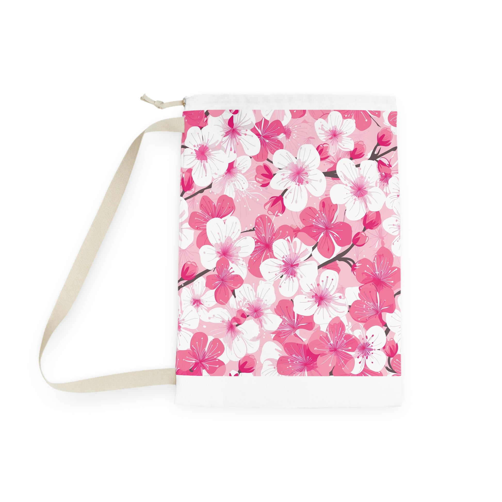 "Cherry Blossom Laundry Bag - Pink and white floral patterned bag for stylish laundry carrying"