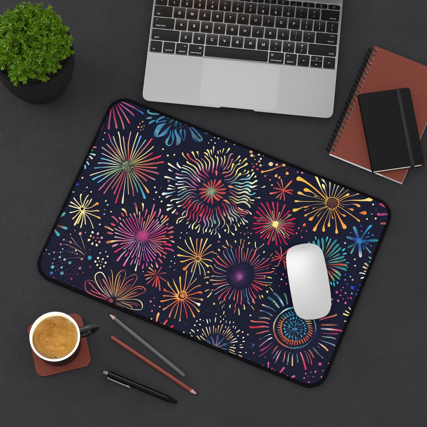 "Vibrant Fireworks Festive Desk Mat - Bring flair to your workspace with seamless pattern of colorful fireworks - Brighten up your day"