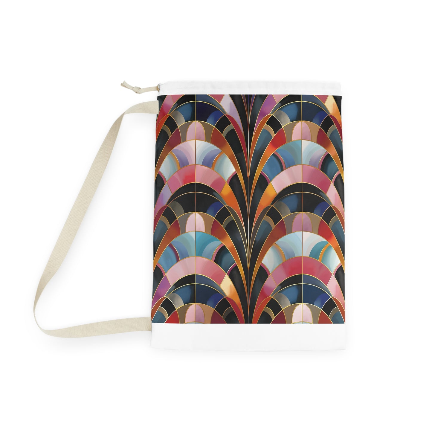 "Art Deco Laundry Bag Collection with abstract pattern design, durable material and drawstring closure for easy transport"