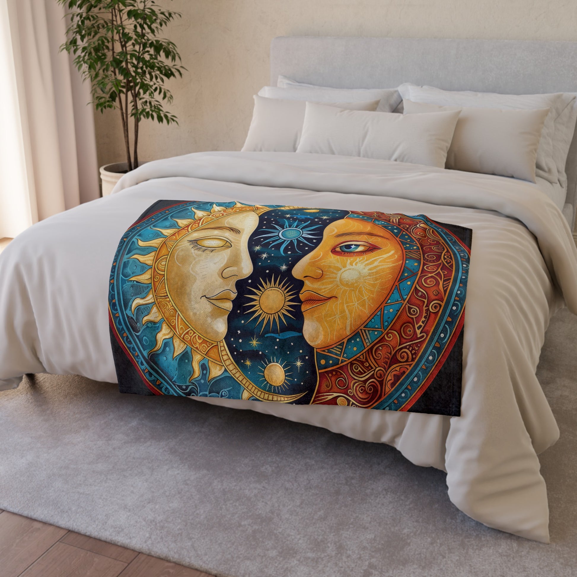 this blanket will keep you warm and stylish all year round. Embrace the celestial balance with our Sun & Moon Celestial Blanket today!