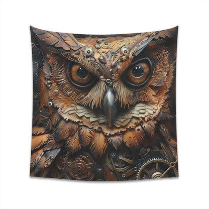 "Feathered Machine Steampunk Owl Tapestry - Vintage Industrial Decor for Any Room"