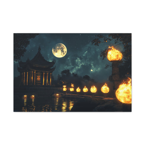Moonlight Temple with Levitating Torches (Edition II) — Canvas Wall Art — Living Room Wall Lifestyle View