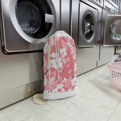 "Cherry Blossom Laundry Bag in Pink and White - Stylish and Organized Laundry Solution with Seamless Pattern Design"