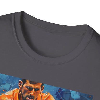 Alt text: "Djokovic Painting T-shirt featuring a stunning portrait of the legendary tennis player, capturing his unmatched skill and determination with soft brushstrokes and a dynamic color palette"