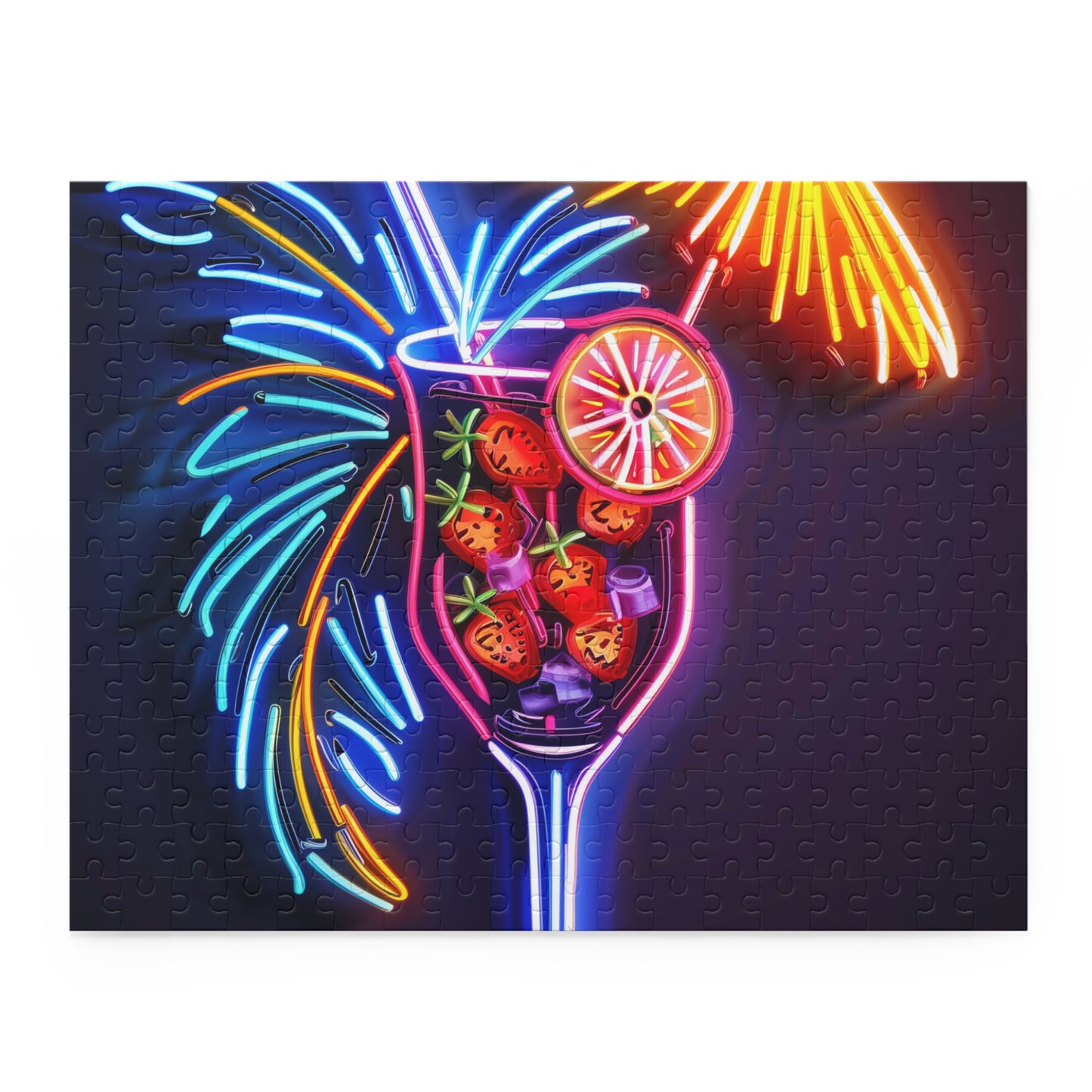 Neon Tiki Cocktail Puzzle - Bright and colorful jigsaw puzzle featuring a tropical cocktail neon sign, perfect for relaxation at home.