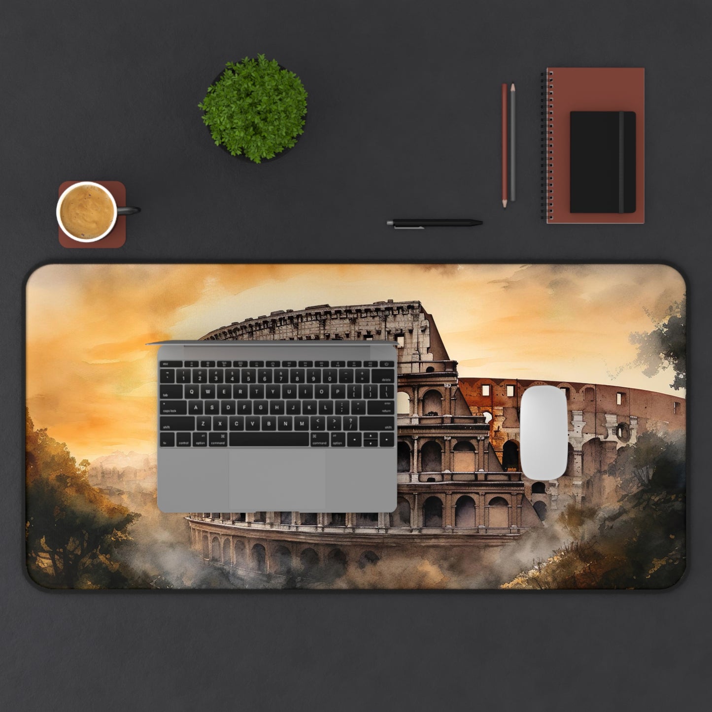 "Colosseum sunset desk mat - vibrant colors, intricate details"