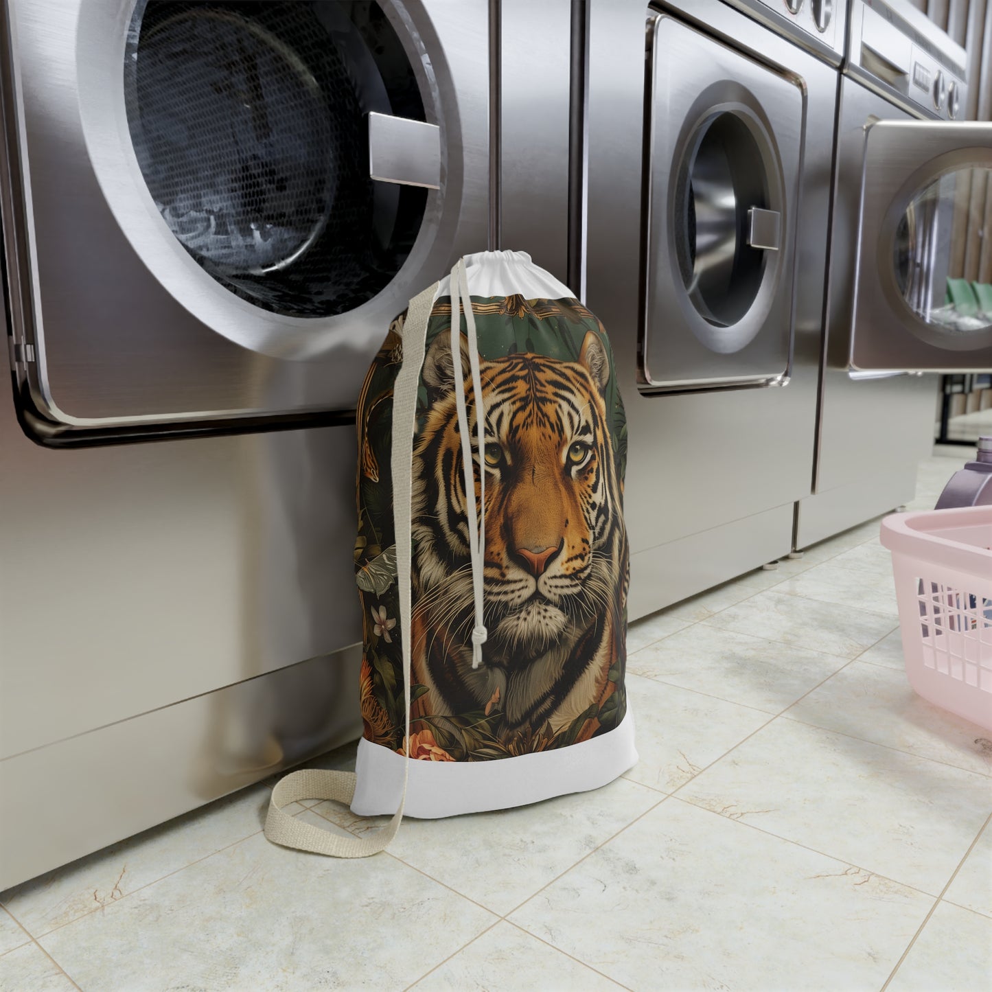 "Wild Tiger Print Laundry Bag - Keep clothes organized with fierce style!"