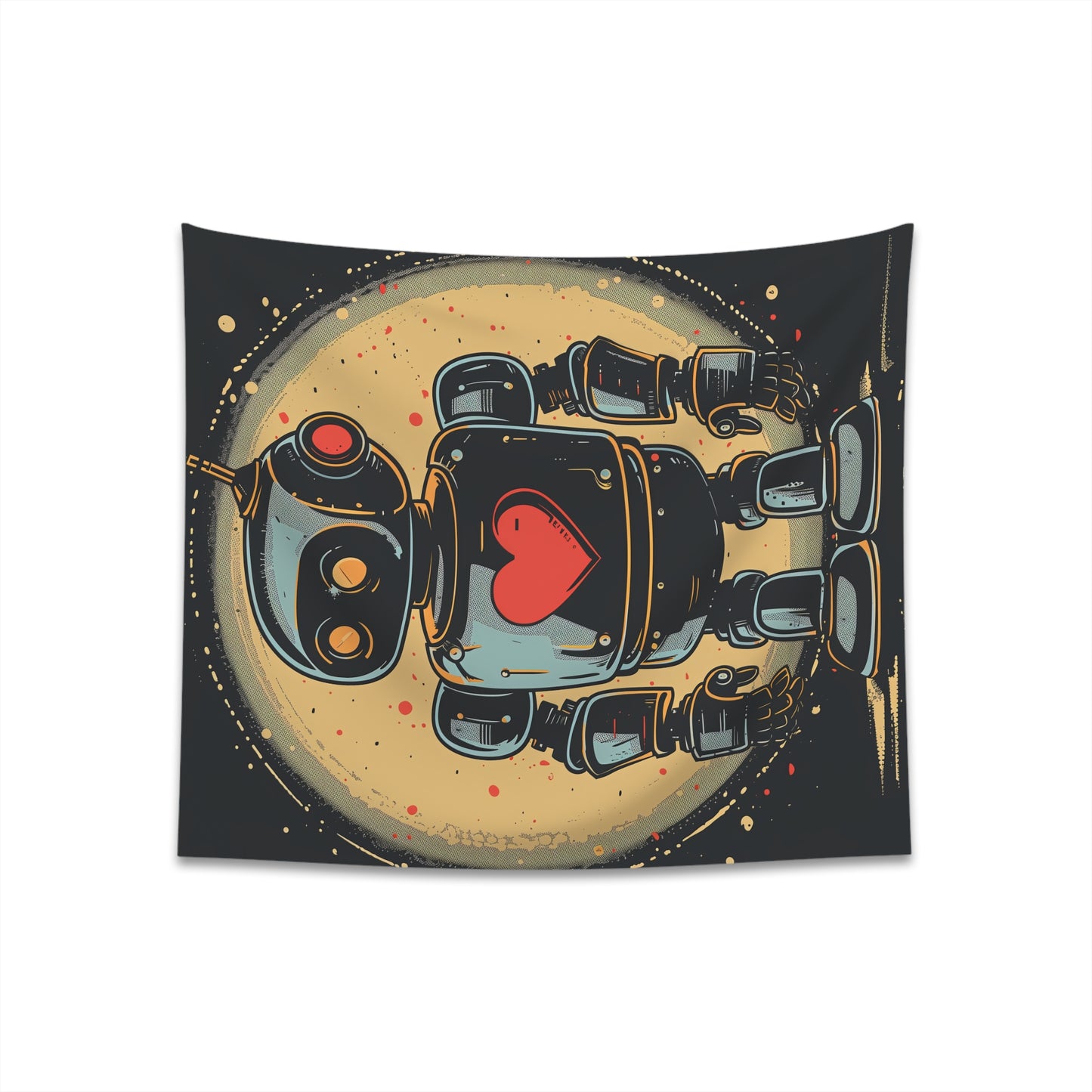 "Vintage Robot Tapestry with Glowing Heart | Heart of Steel Design | Nostalgic Decor Accent"