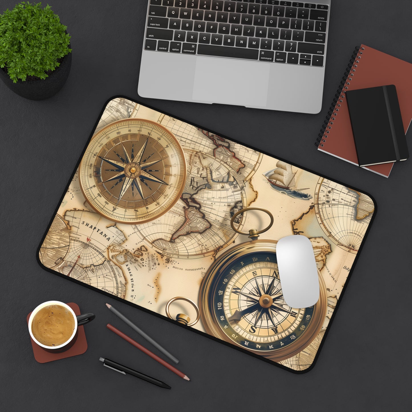 Vintage Maps Desk Mat - Enhance workspace with old world charm, seamless pattern of maps for office decor.