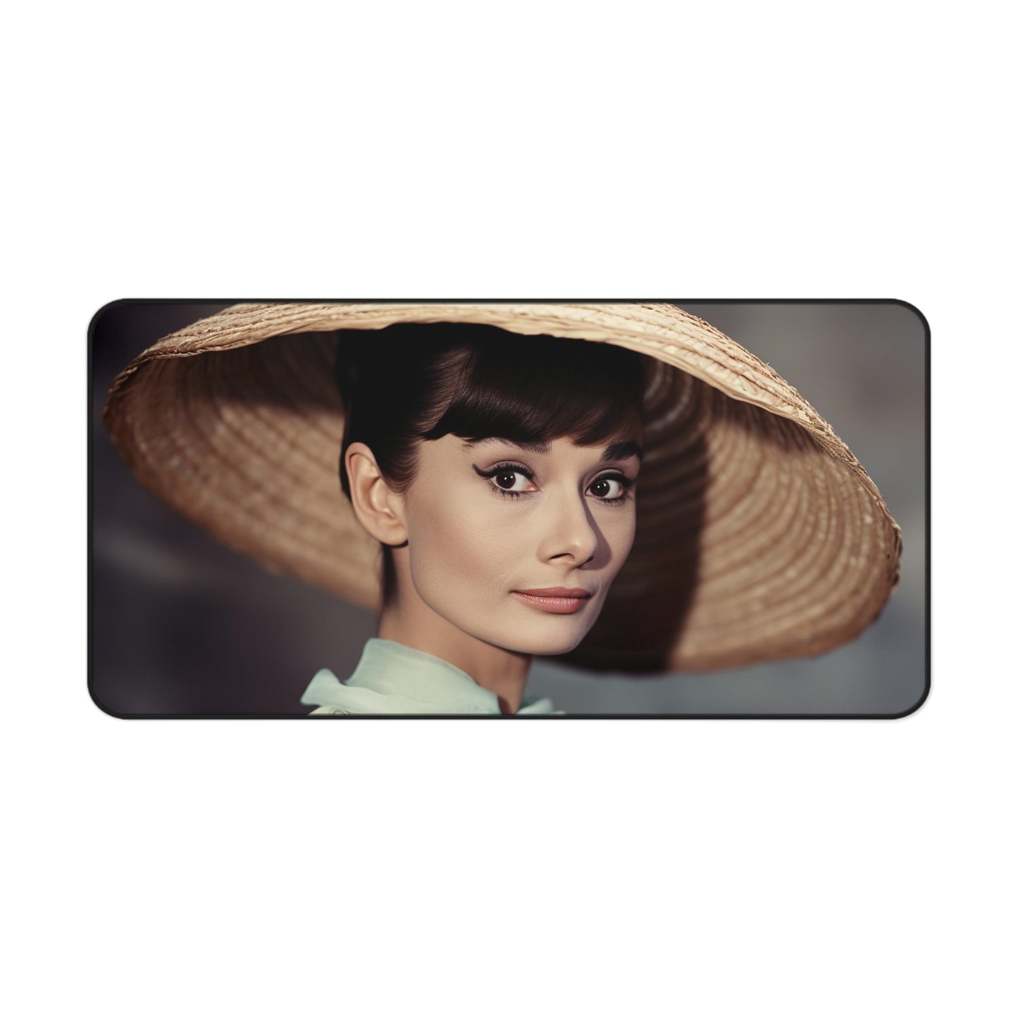 "Vintage Audrey Hepburn desk mat for chic workspace decor"