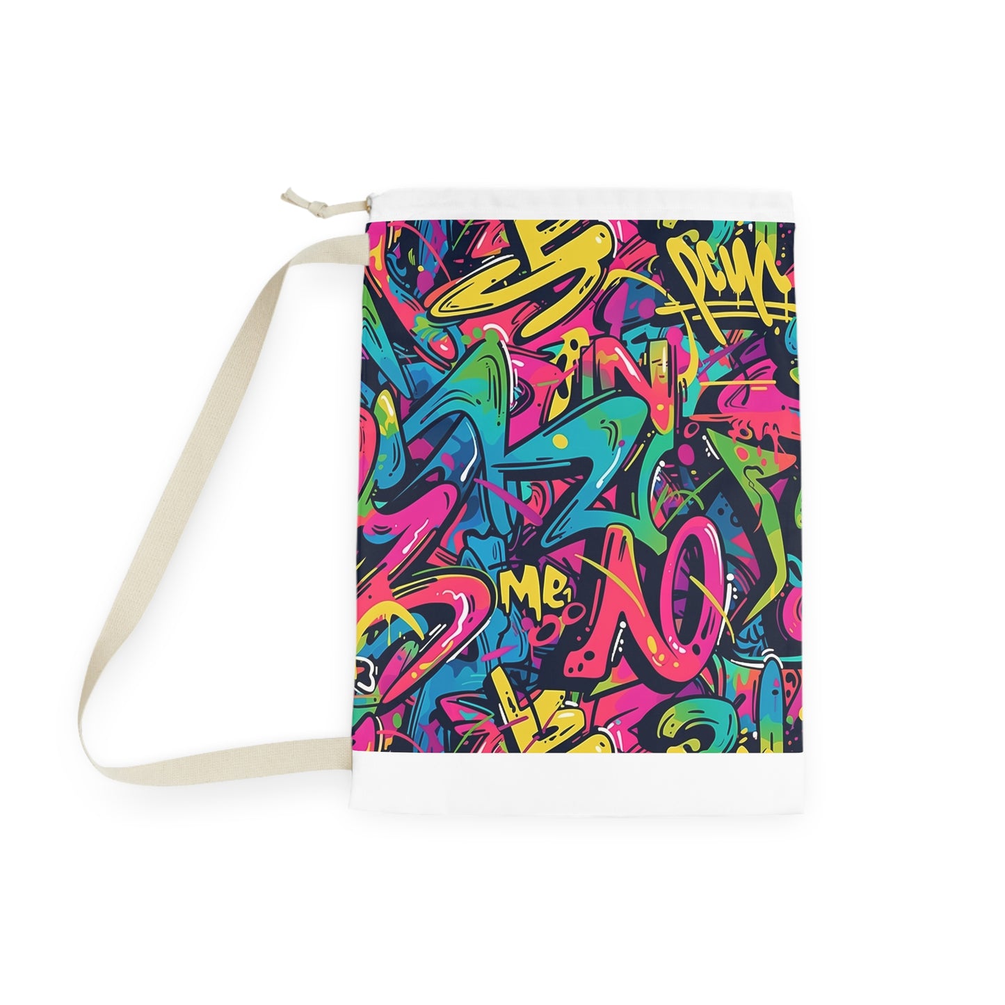 "Neon Graffiti Laundry Bag with vibrant colors, perfect for stylish laundry routine"