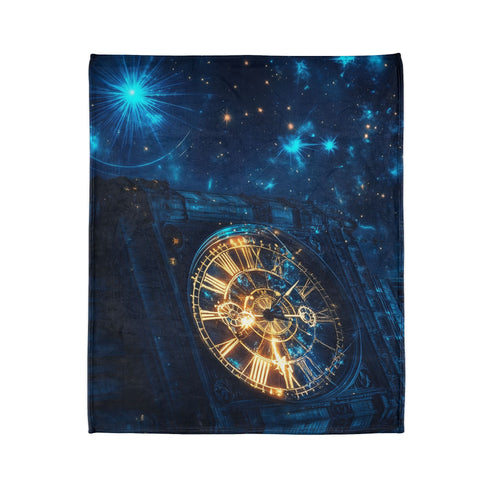 Clock Tower with Stars As Gears Plush Fleece Throw Blanket