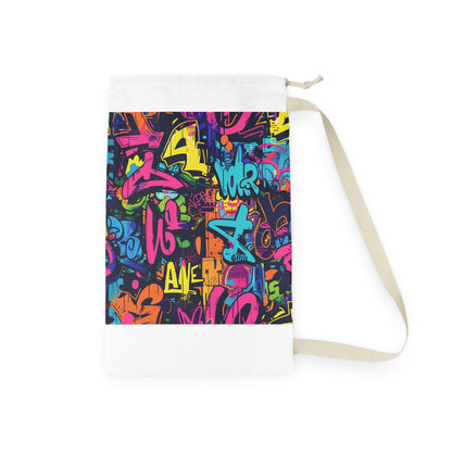 Vibrant Neon Graffiti Laundry Bag - Stylish urban design, bright neon colors, seamless pattern for bold statement.