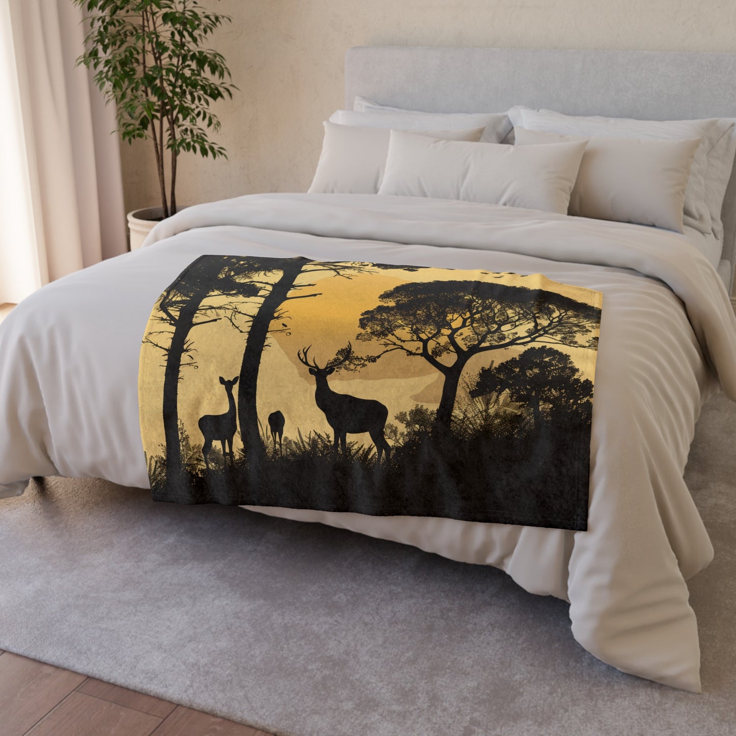 where the elegance of the deer's grace meets the tranquility of a forest setting. This blanket is designed to evoke a sense of peace