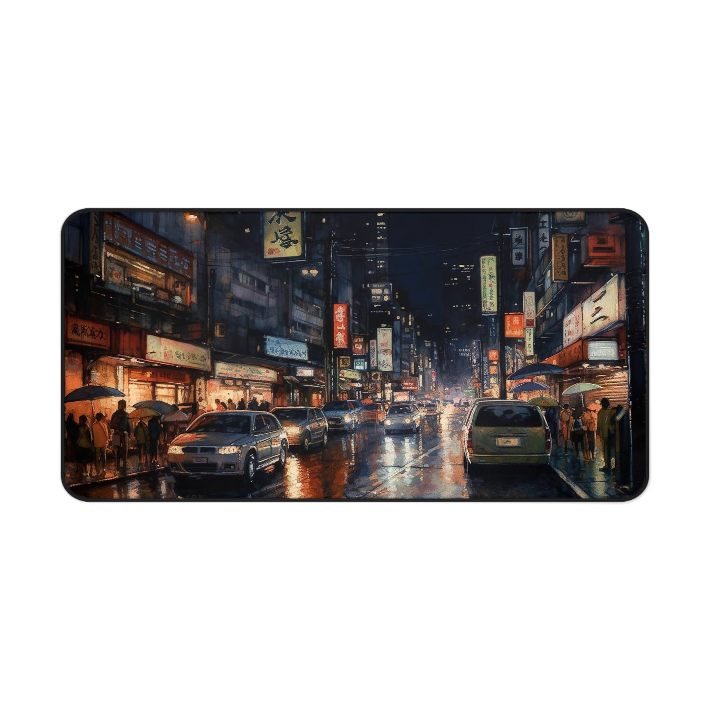 "Tokyo skyline desk mat depicting vibrant cityscape at night with neon lights"