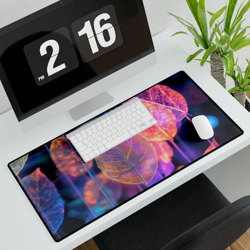 Dreamscape with Levitating Neon Leaves — XL & XXL Desk Mat — 3mm Non-Slip Natural Rubber Base Detail
