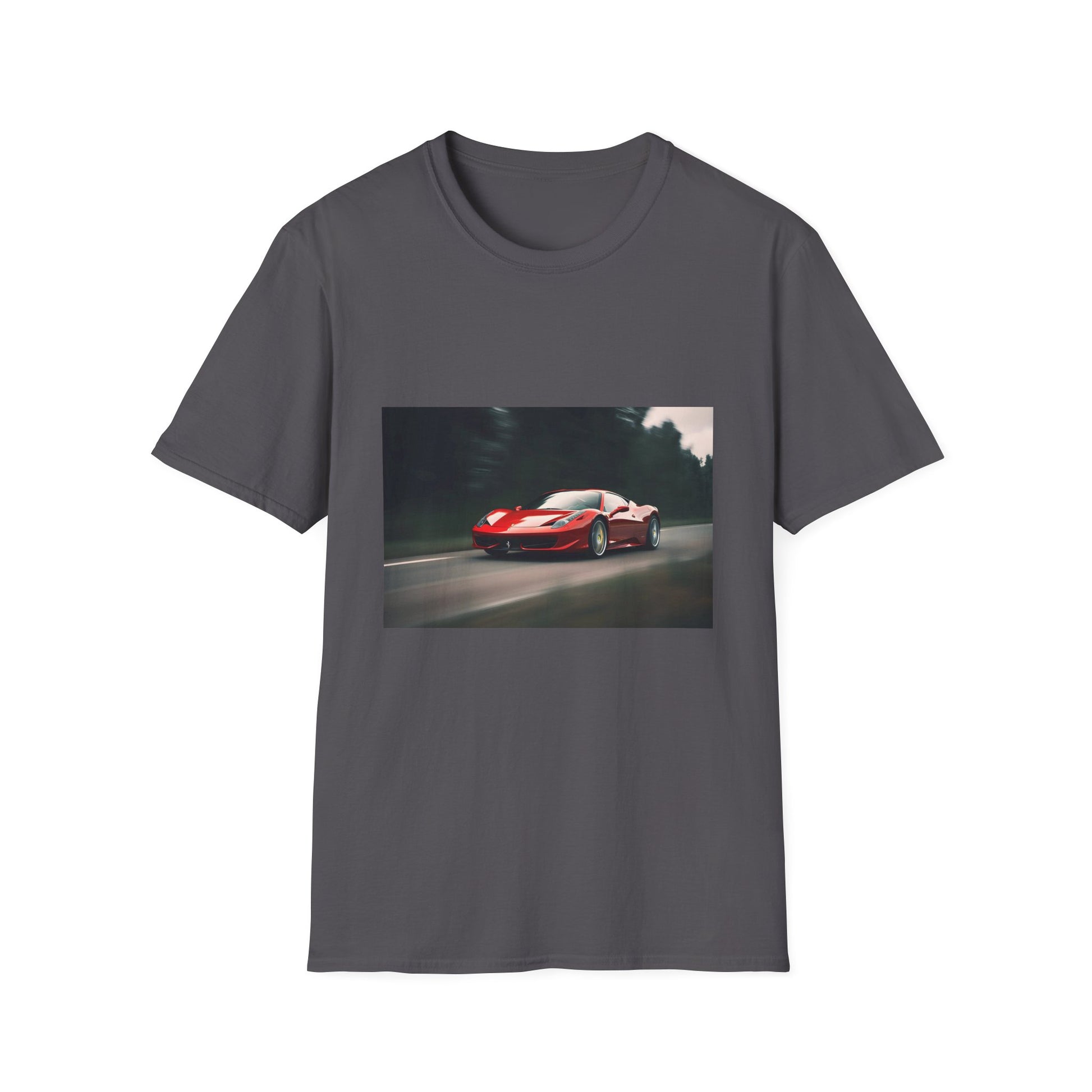 SEO-friendly alt text: "Adrenaline Rush on the Racing Circuit T-shirt featuring a sleek Ferrari racing in vibrant colors"